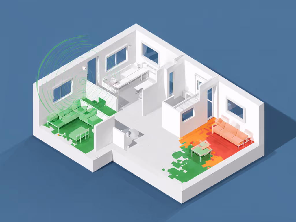 floor plan with signal zones showing stable FHSS vs. spotty WiFi coverage