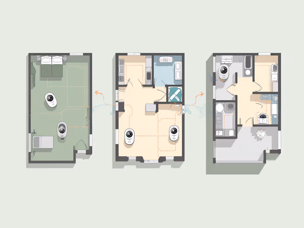 visual showing optimal baby monitor placement in different home layouts